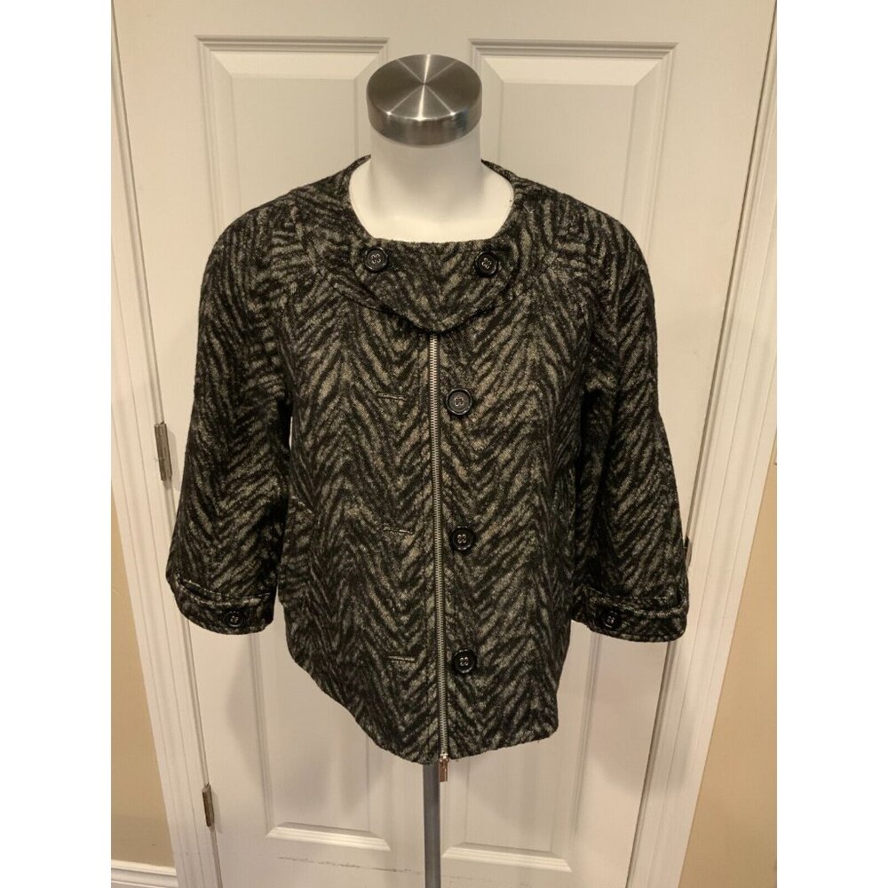 BCBG Max Azria Black & Gray Striped Combo Zip/Button Jacket, Size XS